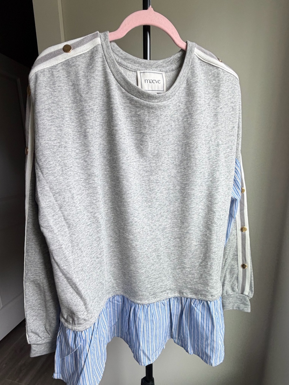 Maeve Gray Sweatshirt with Blue Striped Hem and Button-Trim Sleeves